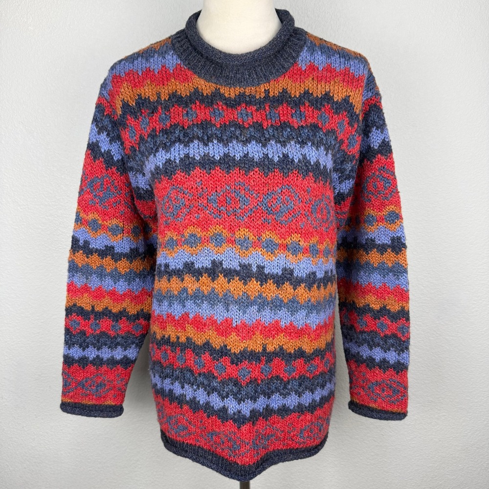 VTG Claudia D. Womens Fair Isle Geometric Knit Wool Blend Sweater Red Blue Sz M